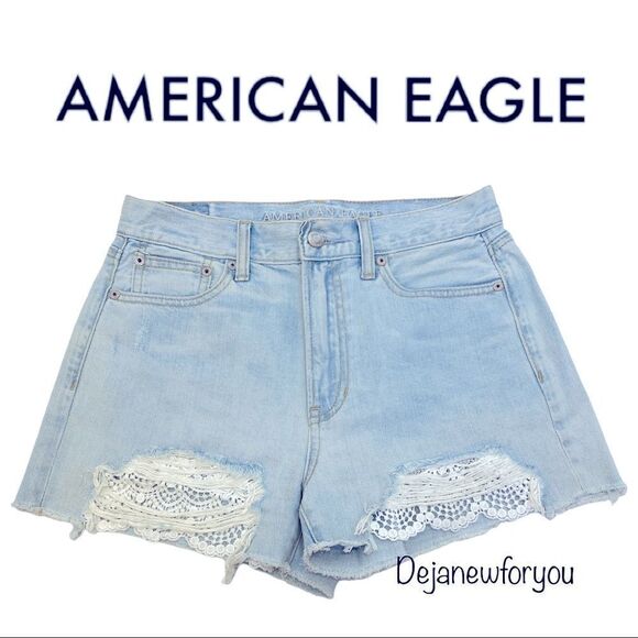 American Eagle Womens Blue Light Wash High Rise Distressed Mom Shorts - Picture 1 of 4